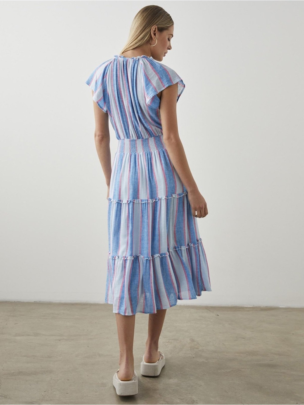 Rails Amellia Kona Striped Blue and Pink Tiered Midi Dress Linen Blend Large - Picture 2 of 13